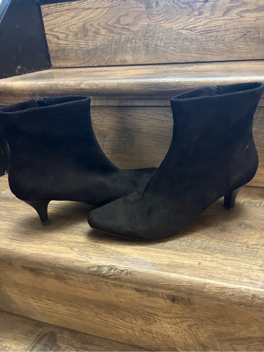 Impo Black Suede Pointed Toe Ankle Booties with Kitten Heel